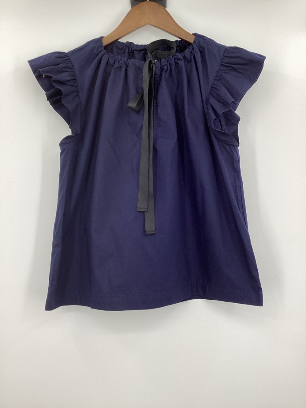 GAP Navy Ruffle Cap-Sleeve Tie-Neck Blouse